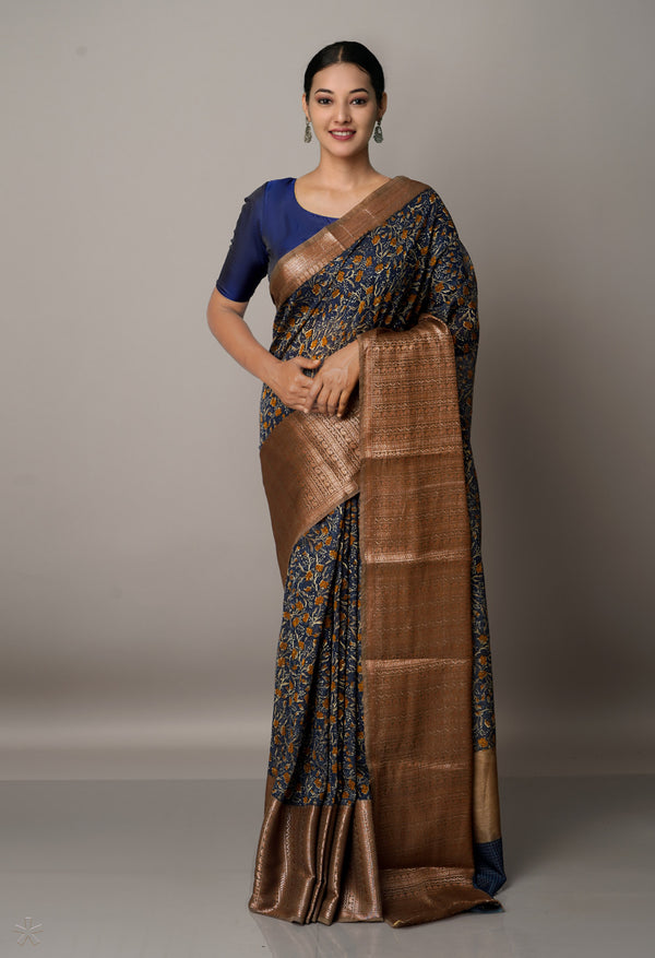 Navy Blue-Brown  Block Printed Maheshwari Sico Saree-UNM67173