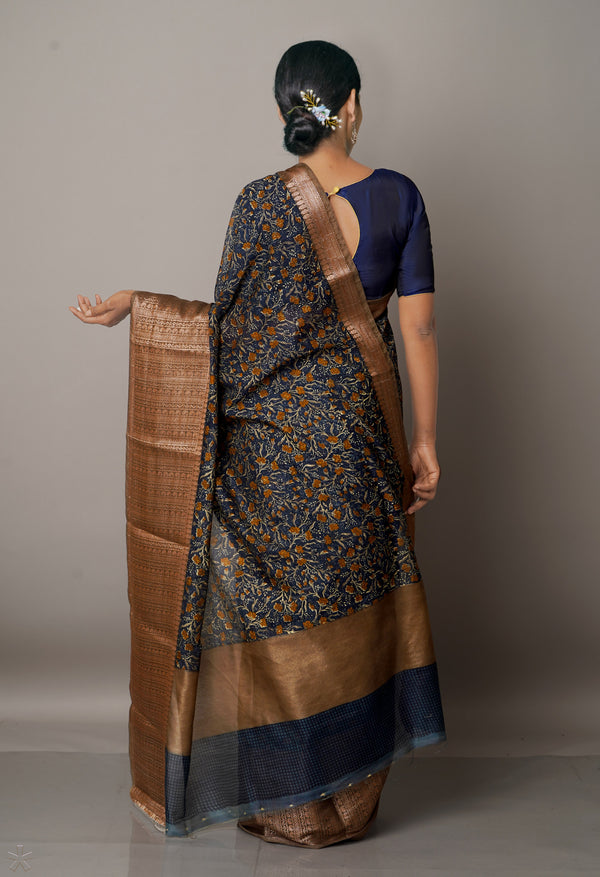 Navy Blue-Brown  Block Printed Maheshwari Sico Saree-UNM67173