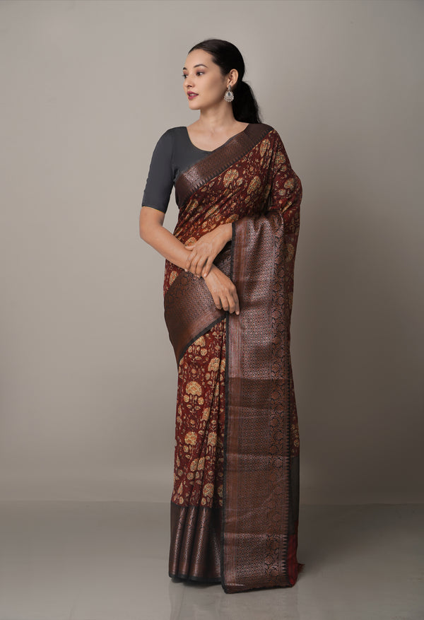 Burgundy-Black  Block Printed Maheshwari Sico Saree-UNM67175