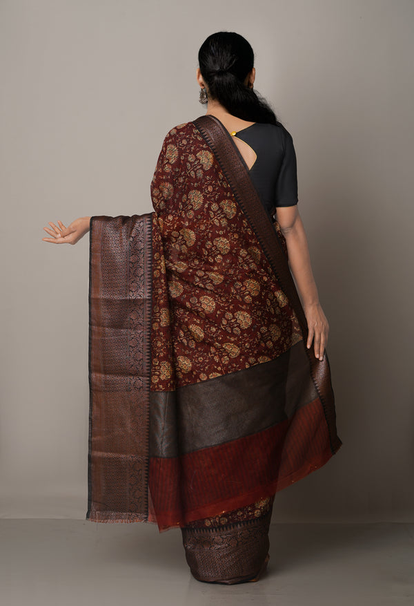 Burgundy-Black  Block Printed Maheshwari Sico Saree-UNM67175