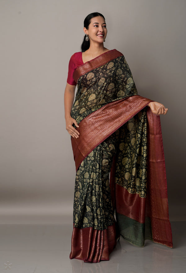 Dark Green-Maroon  Block Printed Maheshwari Sico Saree-UNM67177