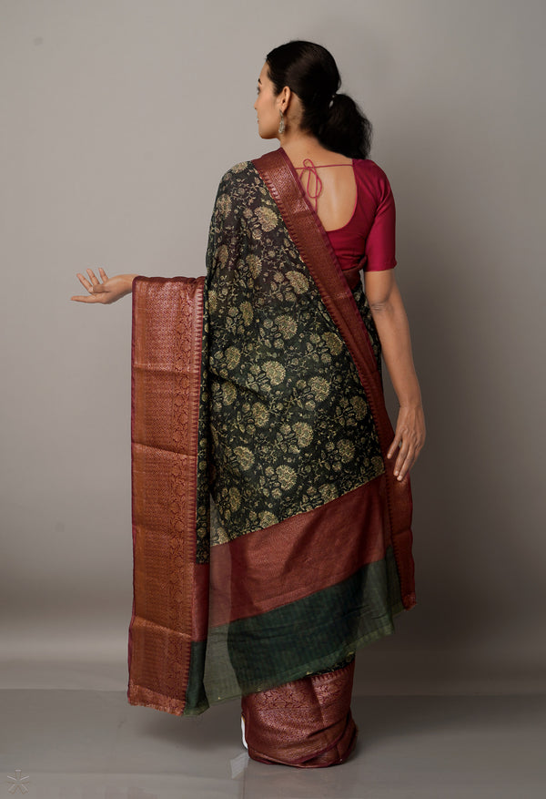 Dark Green-Maroon  Block Printed Maheshwari Sico Saree-UNM67177