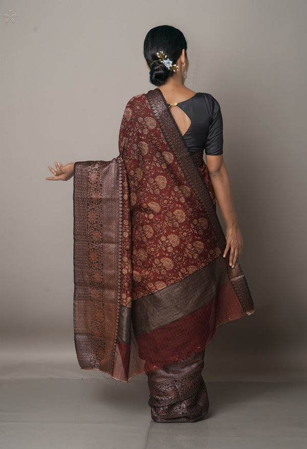 Maroon  Block Printed Maheshwari Sico Saree-UNM67180