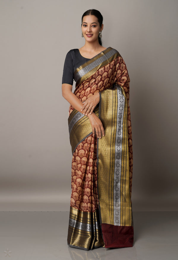Maroon-Grey  Block Printed Maheshwari Sico Saree-UNM67182
