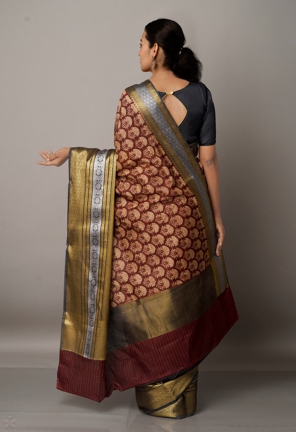 Maroon-Grey  Block Printed Maheshwari Sico Saree-UNM67182