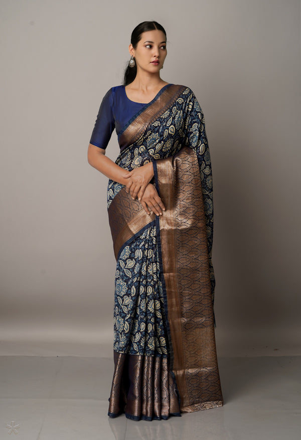 Navy Blue  Block Printed Maheshwari Sico Saree-UNM67186