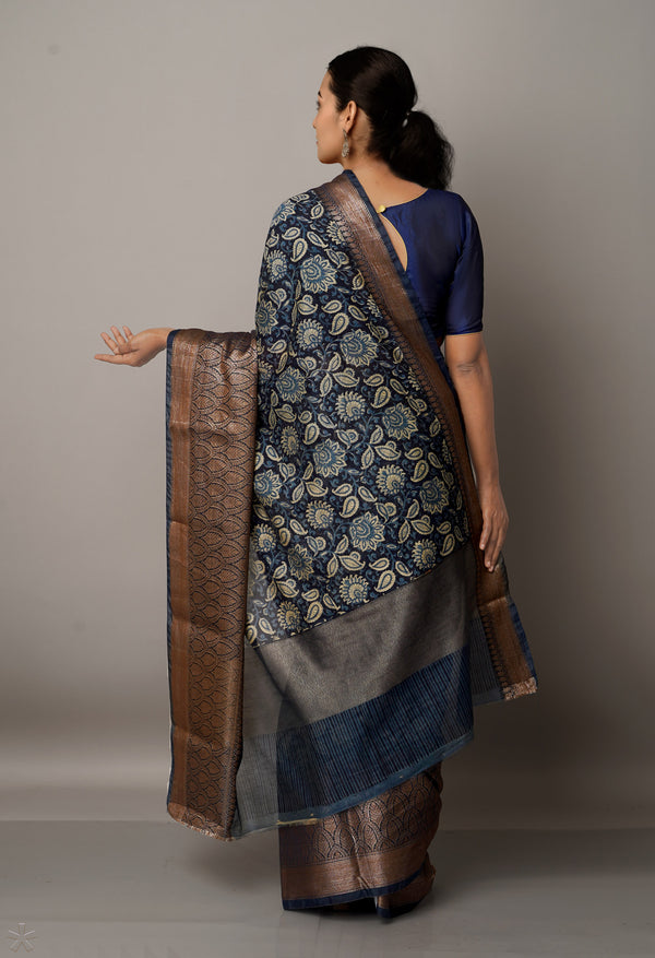 Navy Blue  Block Printed Maheshwari Sico Saree-UNM67186