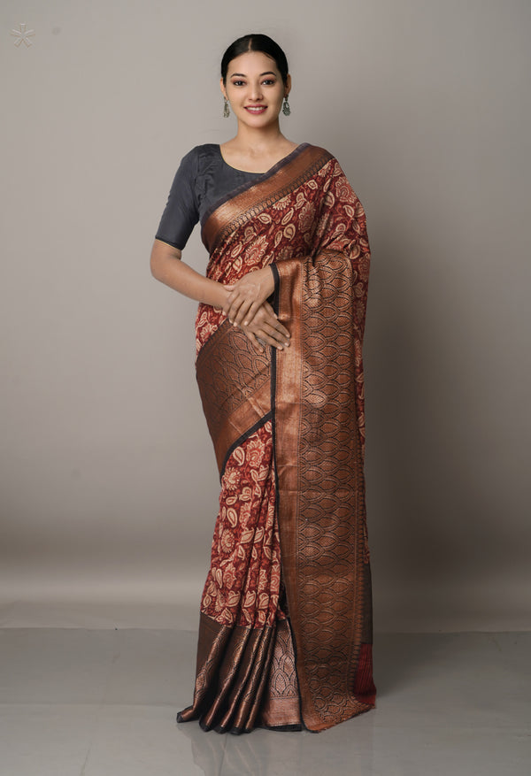 Burgundy-Black  Block Printed Maheshwari Sico Saree-UNM67188