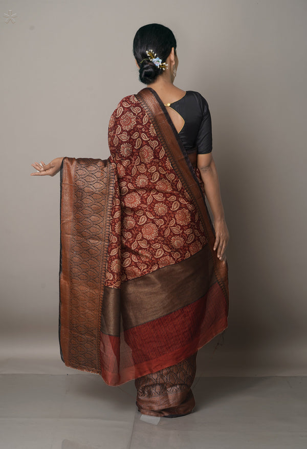 Burgundy-Black  Block Printed Maheshwari Sico Saree-UNM67188