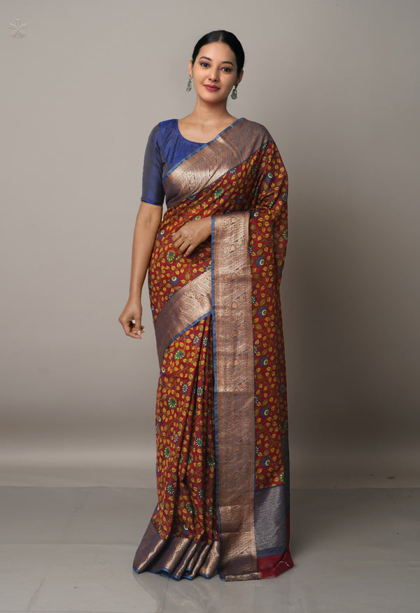 Maroon-Grey  Block Printed  Maheshwari Sico Saree-UNM67192
