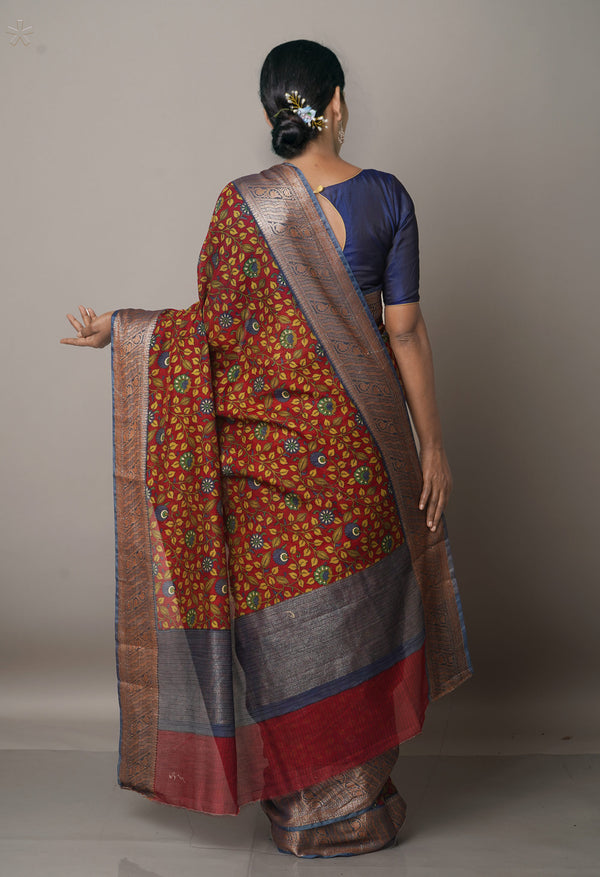 Maroon-Grey  Block Printed  Maheshwari Sico Saree-UNM67192