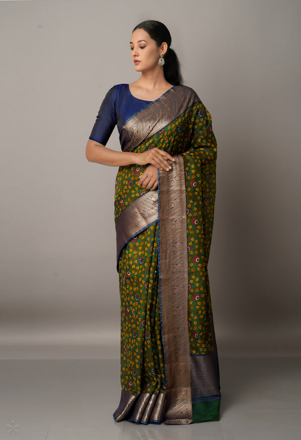 Green-Green  Block Printed  Maheshwari Sico Saree-UNM67194