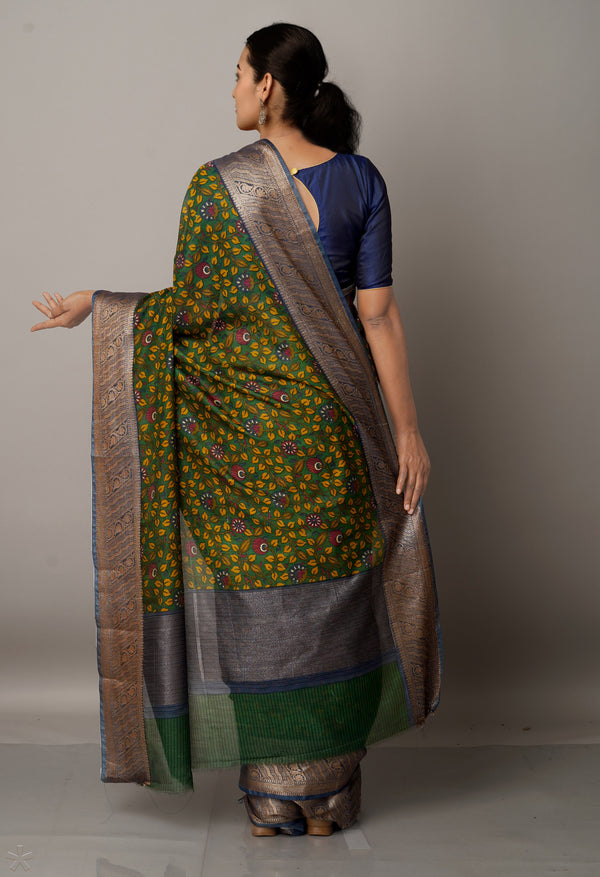Green-Green  Block Printed  Maheshwari Sico Saree-UNM67194