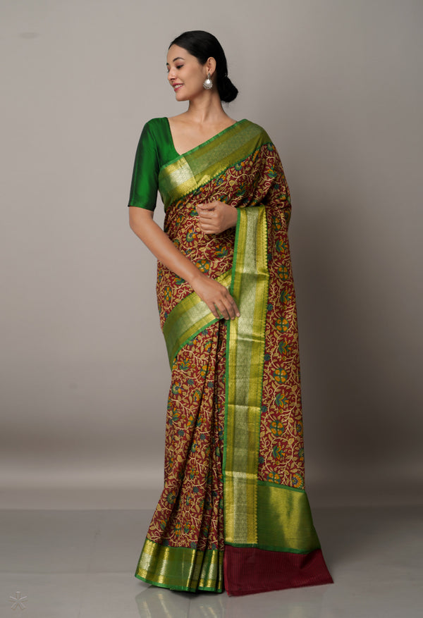 Red-Green  Block Printed  Maheshwari Sico Saree-UNM67196