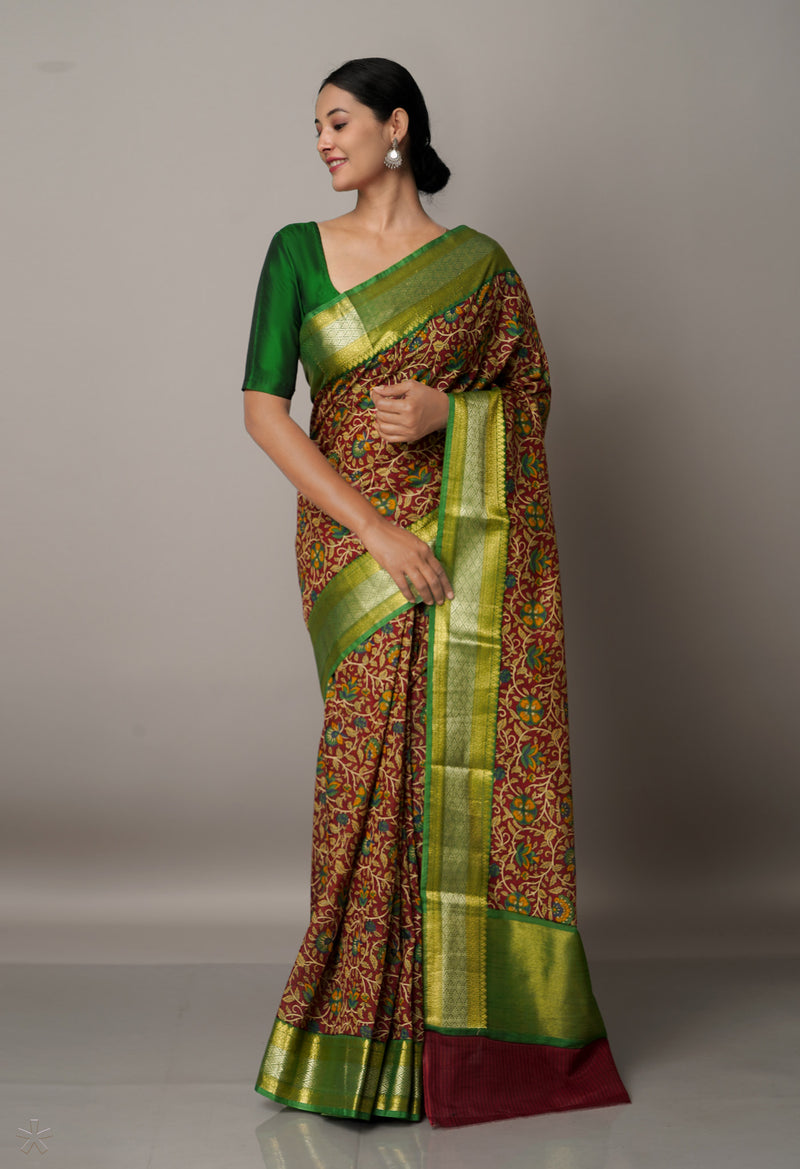 Red-Green  Block Printed  Maheshwari Sico Saree-UNM67196