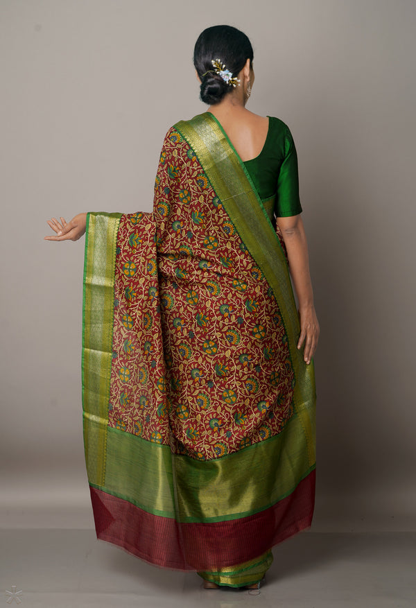 Red-Green  Block Printed  Maheshwari Sico Saree-UNM67196