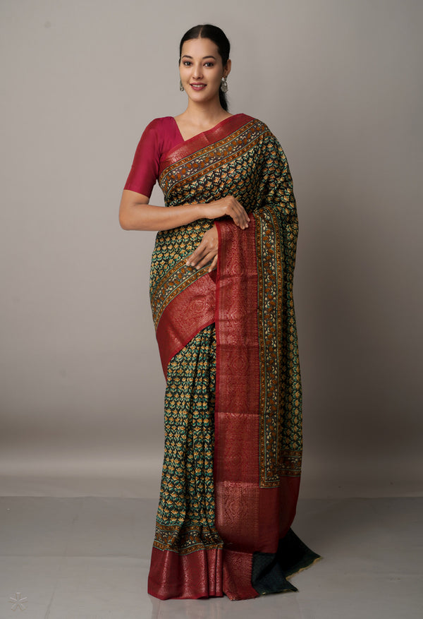 Dark Green-Maroon  Block Printed  Maheshwari Sico Saree-UNM67200