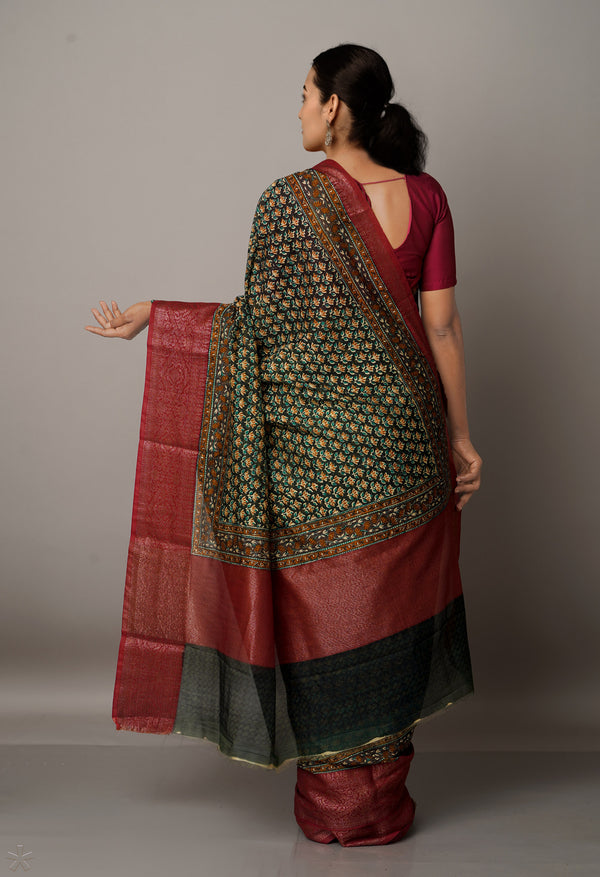 Dark Green-Maroon  Block Printed  Maheshwari Sico Saree-UNM67200