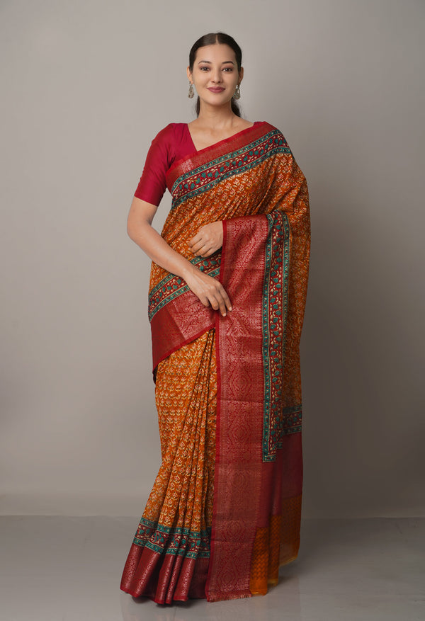 Rust Orange-Maroon  Block Printed  Maheshwari Sico Saree-UNM67202
