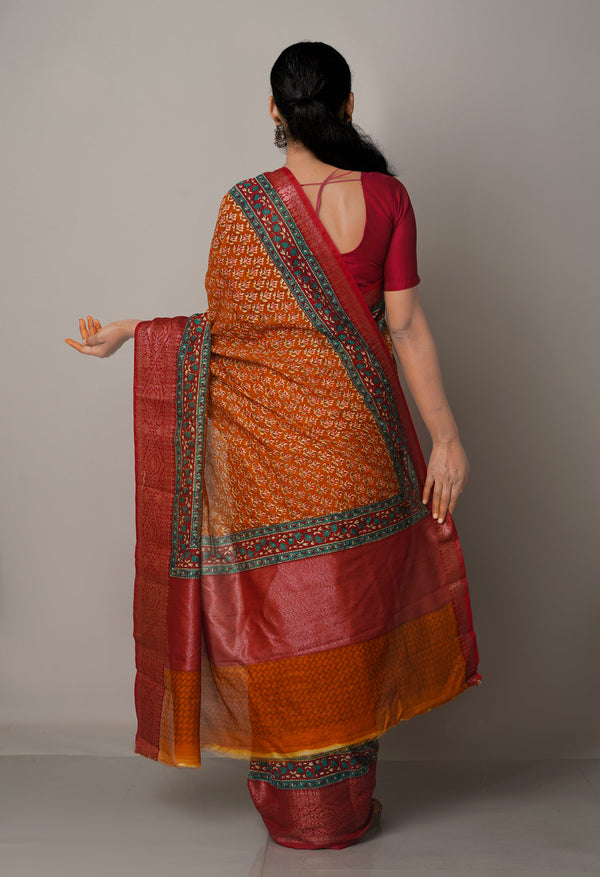 Rust Orange-Maroon  Block Printed  Maheshwari Sico Saree-UNM67202