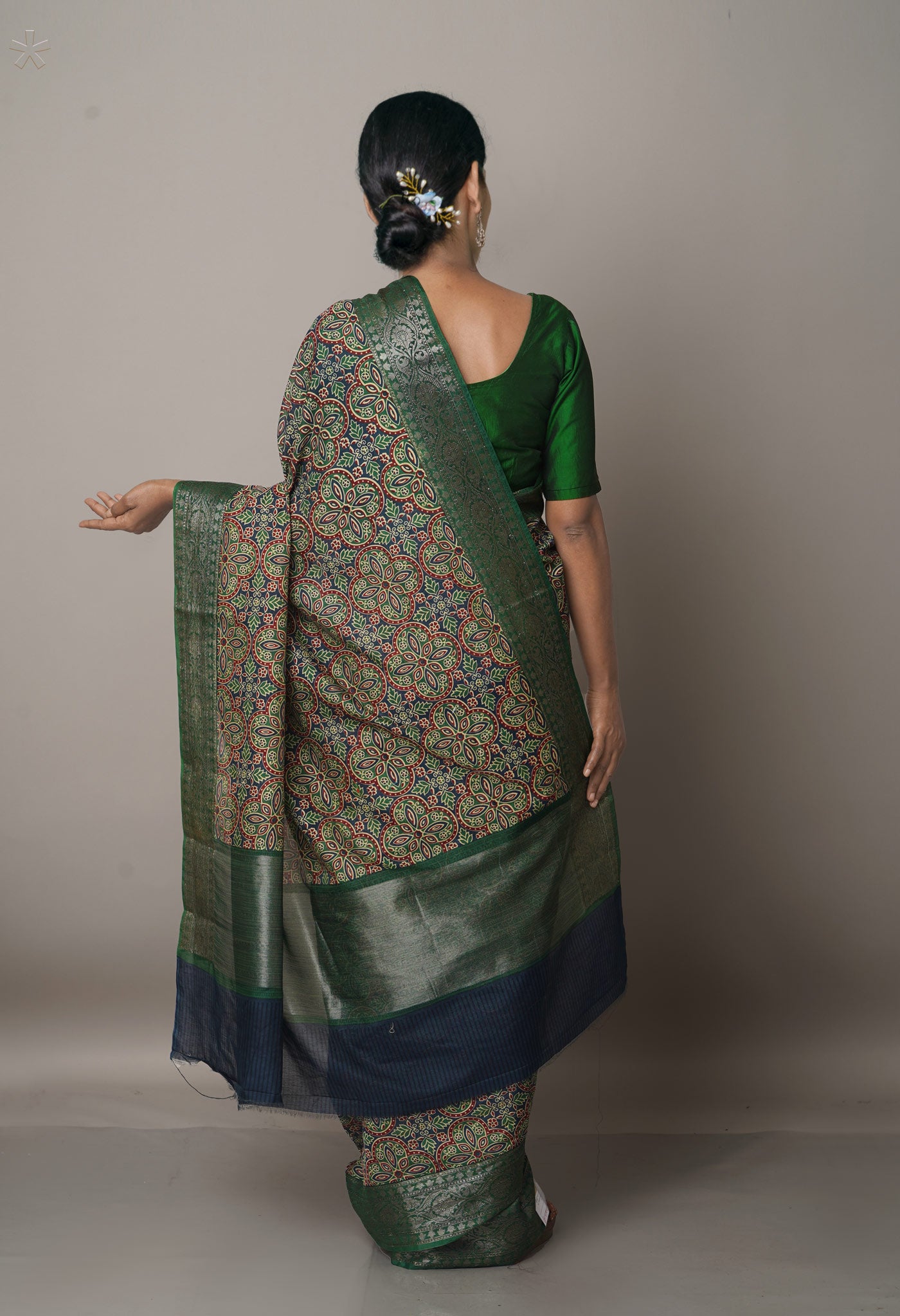 Multi-Green  Ajrakh Printed Maheshwari Sico Saree-UNM67203