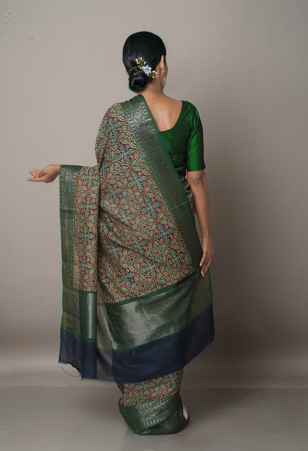 Multi-Green  Ajrakh Printed Maheshwari Sico Saree-UNM67203