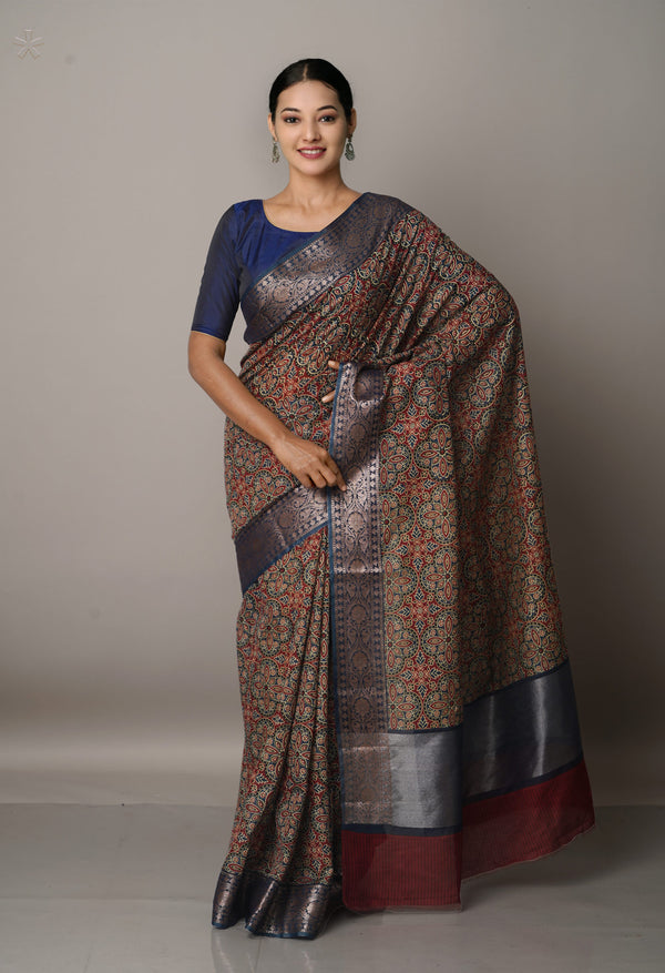 Multi-Grey  Ajrakh Printed Maheshwari Sico Saree-UNM67204