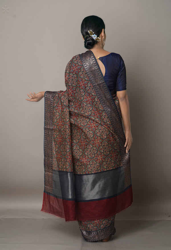 Multi-Grey  Ajrakh Printed Maheshwari Sico Saree-UNM67204