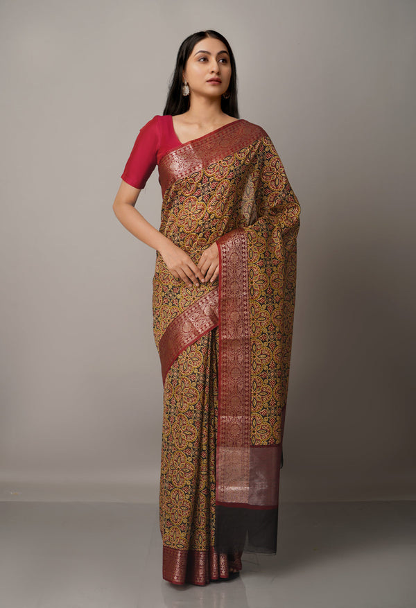 Multi-Maroon  Ajrakh Printed Maheshwari Sico Saree-UNM67206