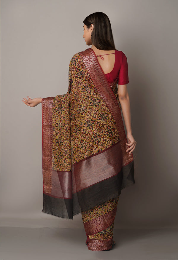 Multi-Maroon  Ajrakh Printed Maheshwari Sico Saree-UNM67206