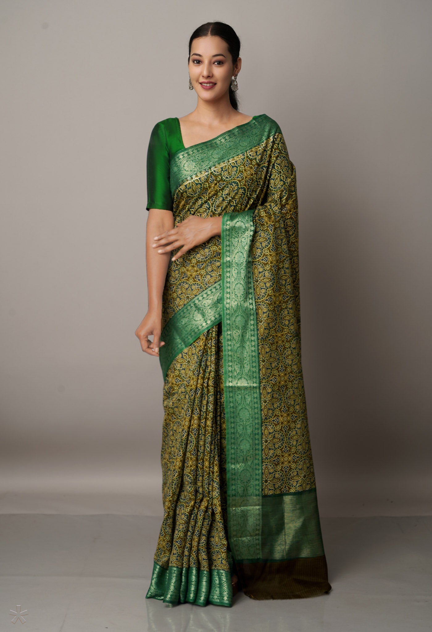 Multi-Green  Ajrakh Printed Maheshwari Sico Saree-UNM67208