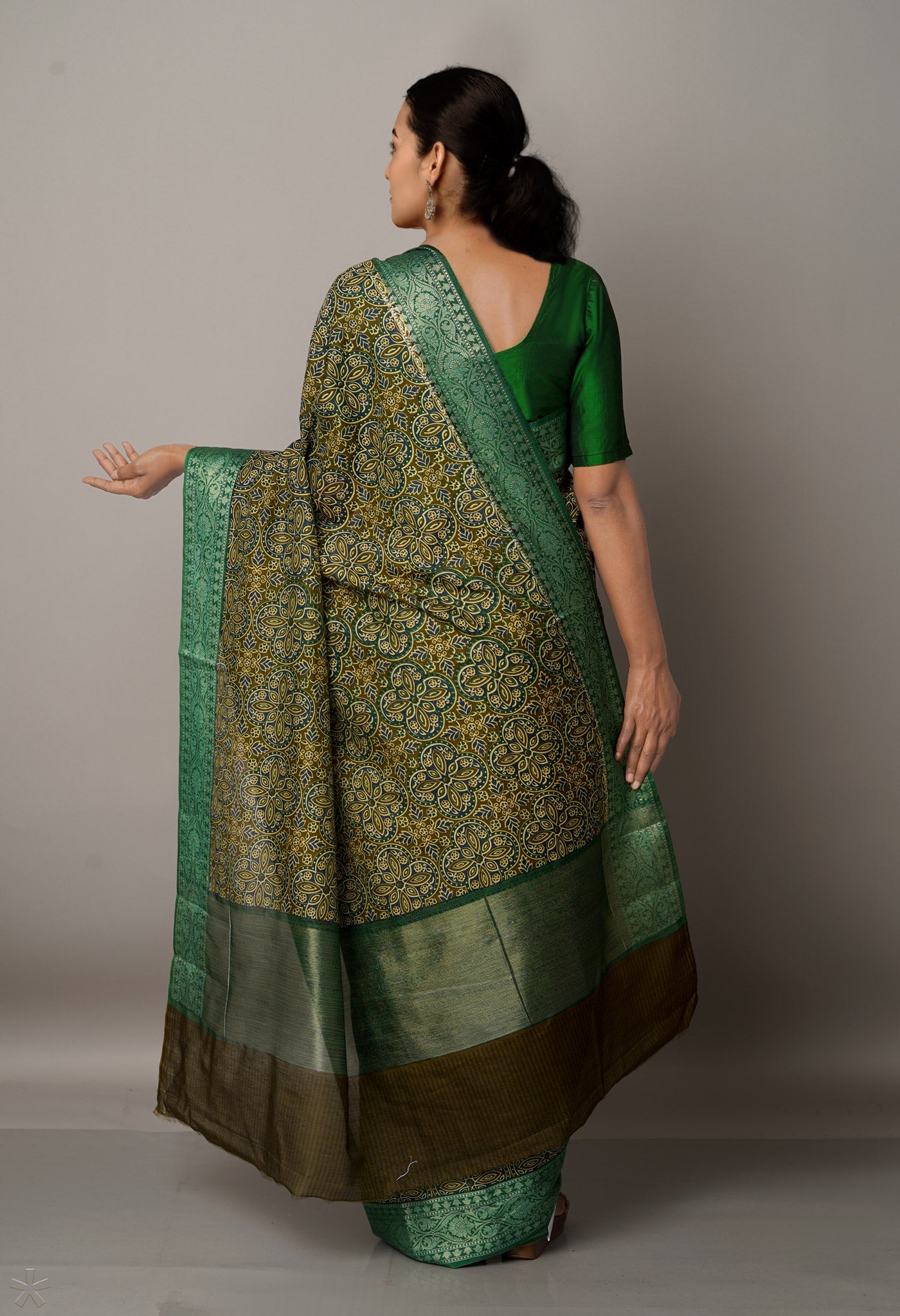 Multi-Green  Ajrakh Printed Maheshwari Sico Saree-UNM67208