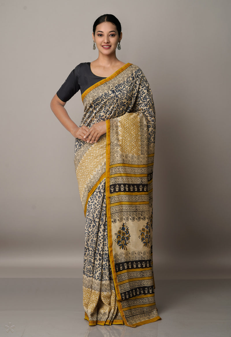 Cream Pure Preet Bagru Chanderi Sico Saree-UNM67218