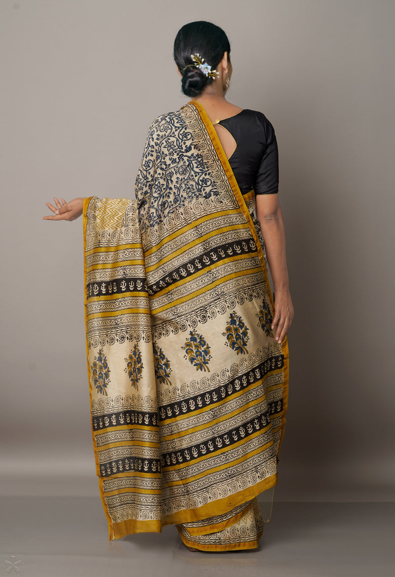 Cream Pure Preet Bagru Chanderi Sico Saree-UNM67218