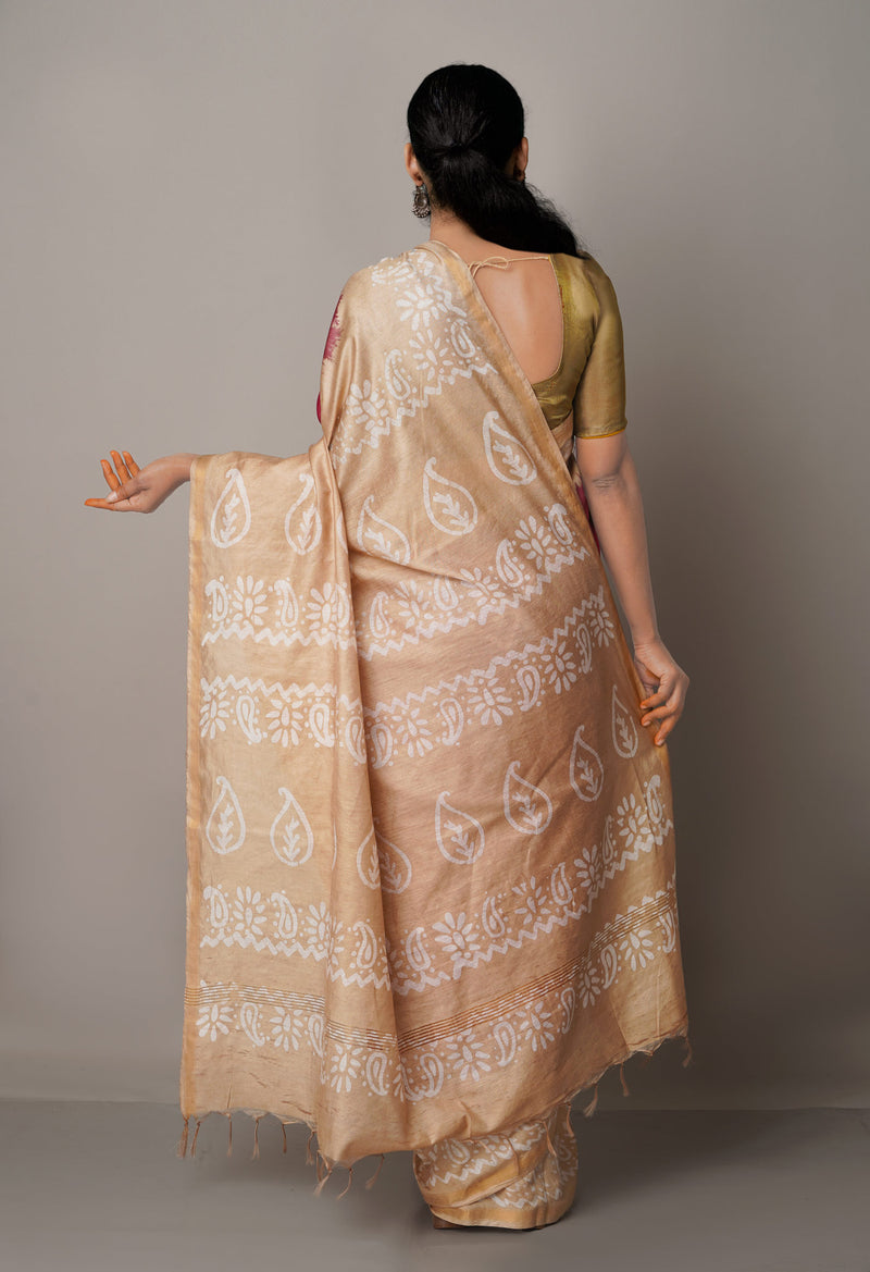 Maroon-Cream Pure Batik Chanderi  Silk Saree-UNM67229