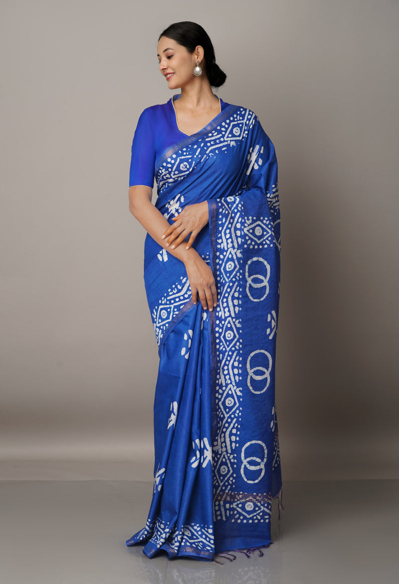 Blue Pure Batik Chanderi  Silk Saree-UNM67246
