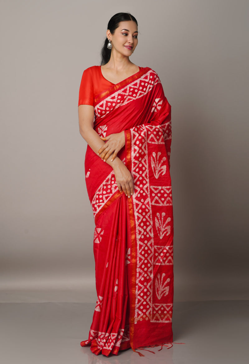 Red Pure Batik Chanderi  Silk Saree-UNM67259