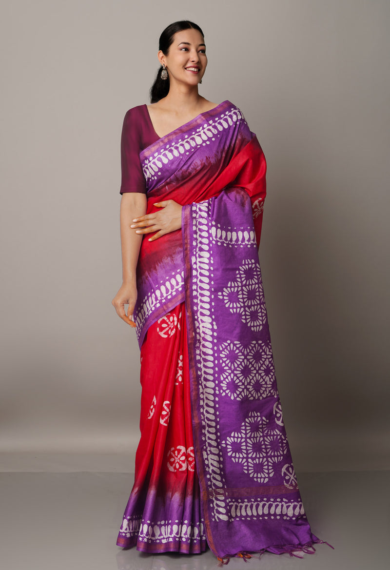 Red-Purple Pure Batik Chanderi  Silk Saree-UNM67261