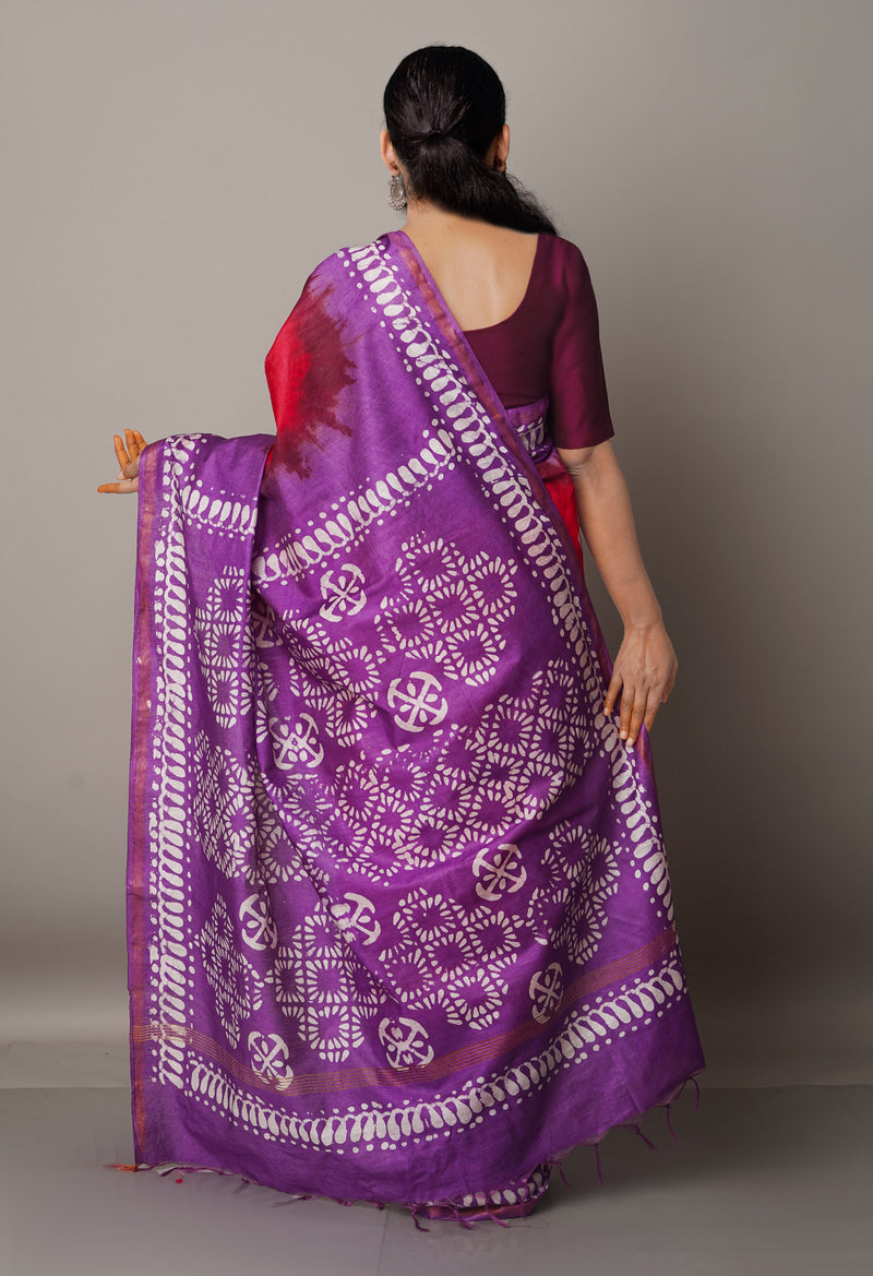Red-Purple Pure Batik Chanderi  Silk Saree-UNM67261