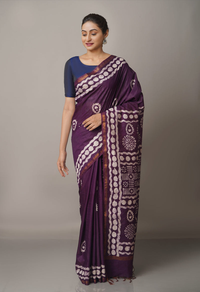 Dark Purple Pure Batik Chanderi  Silk Saree-UNM67262