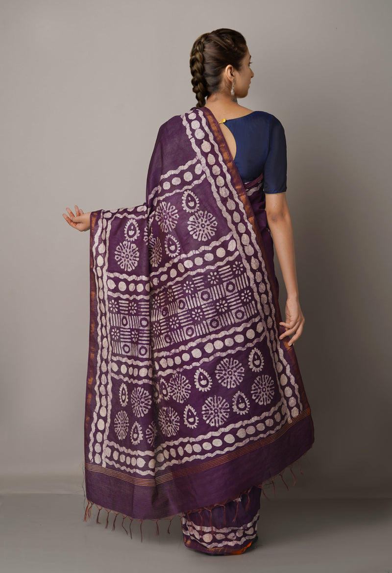 Dark Purple Pure Batik Chanderi  Silk Saree-UNM67262
