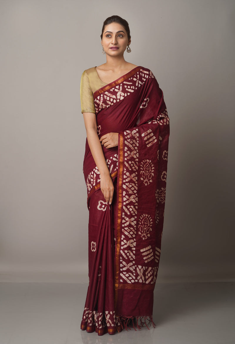 Maroon Pure Batik Chanderi  Silk Saree-UNM67268