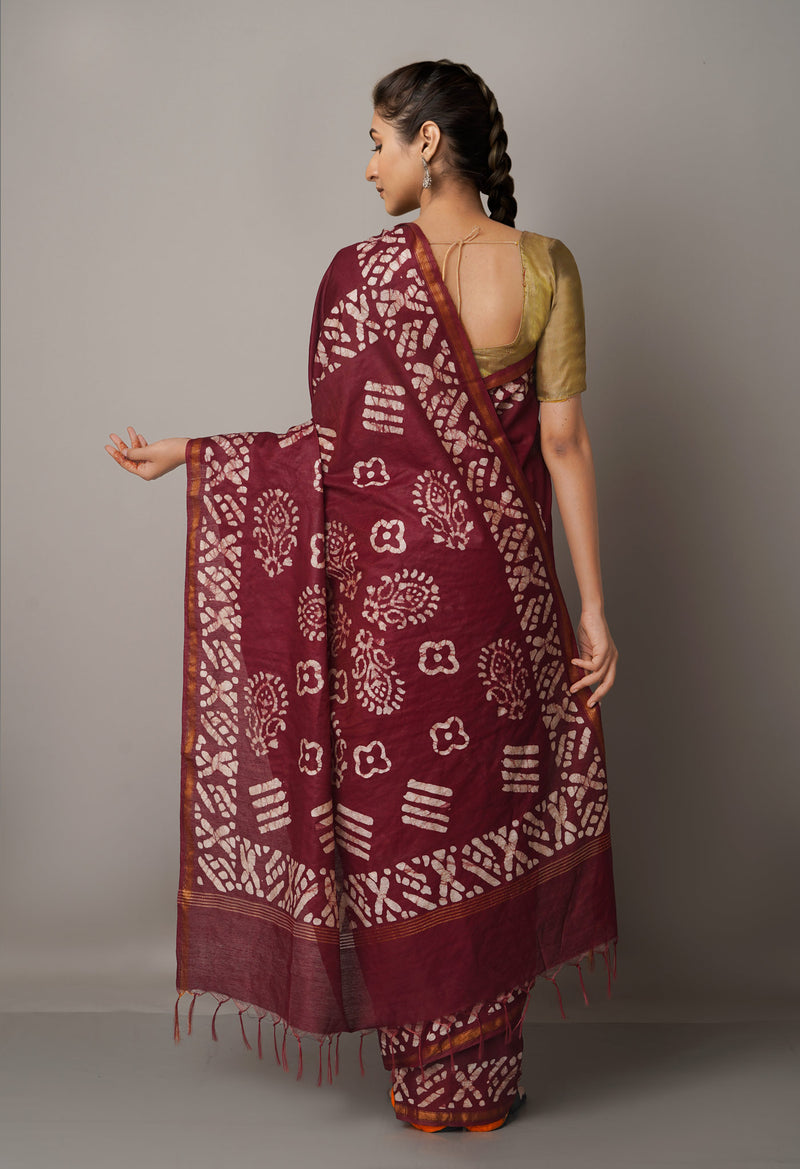 Maroon Pure Batik Chanderi  Silk Saree-UNM67268