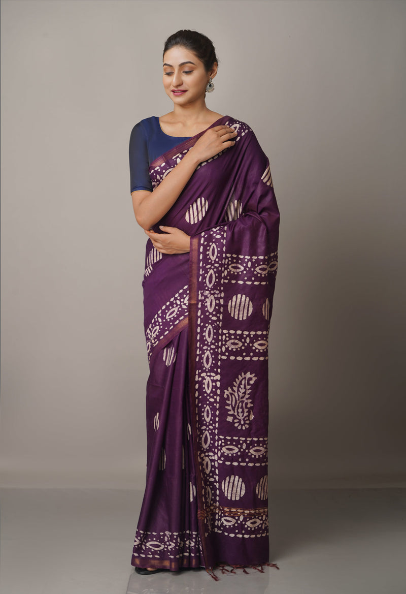 Violet Pure Batik Chanderi  Silk Saree-UNM67270