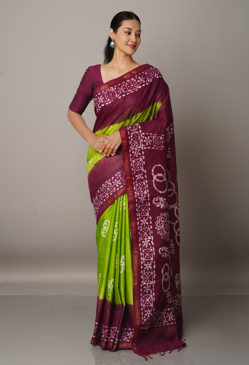 GreenMaroon Pure Batik Chanderi  Silk Saree-UNM67274