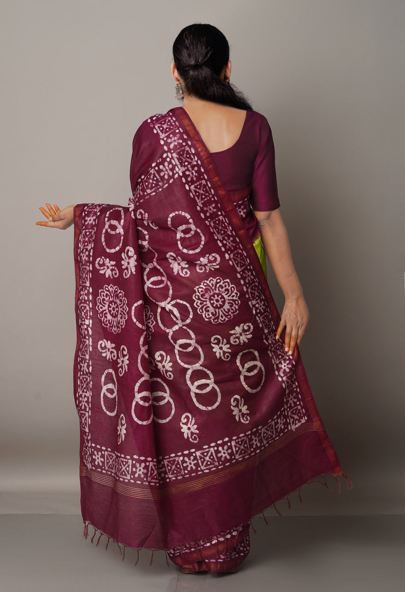 GreenMaroon Pure Batik Chanderi  Silk Saree-UNM67274