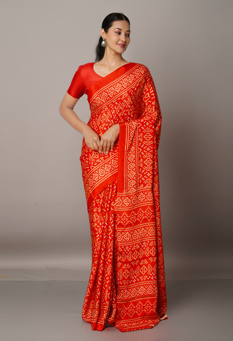Red  Bandhani Crepe Soft Silk Saree-UNM67325