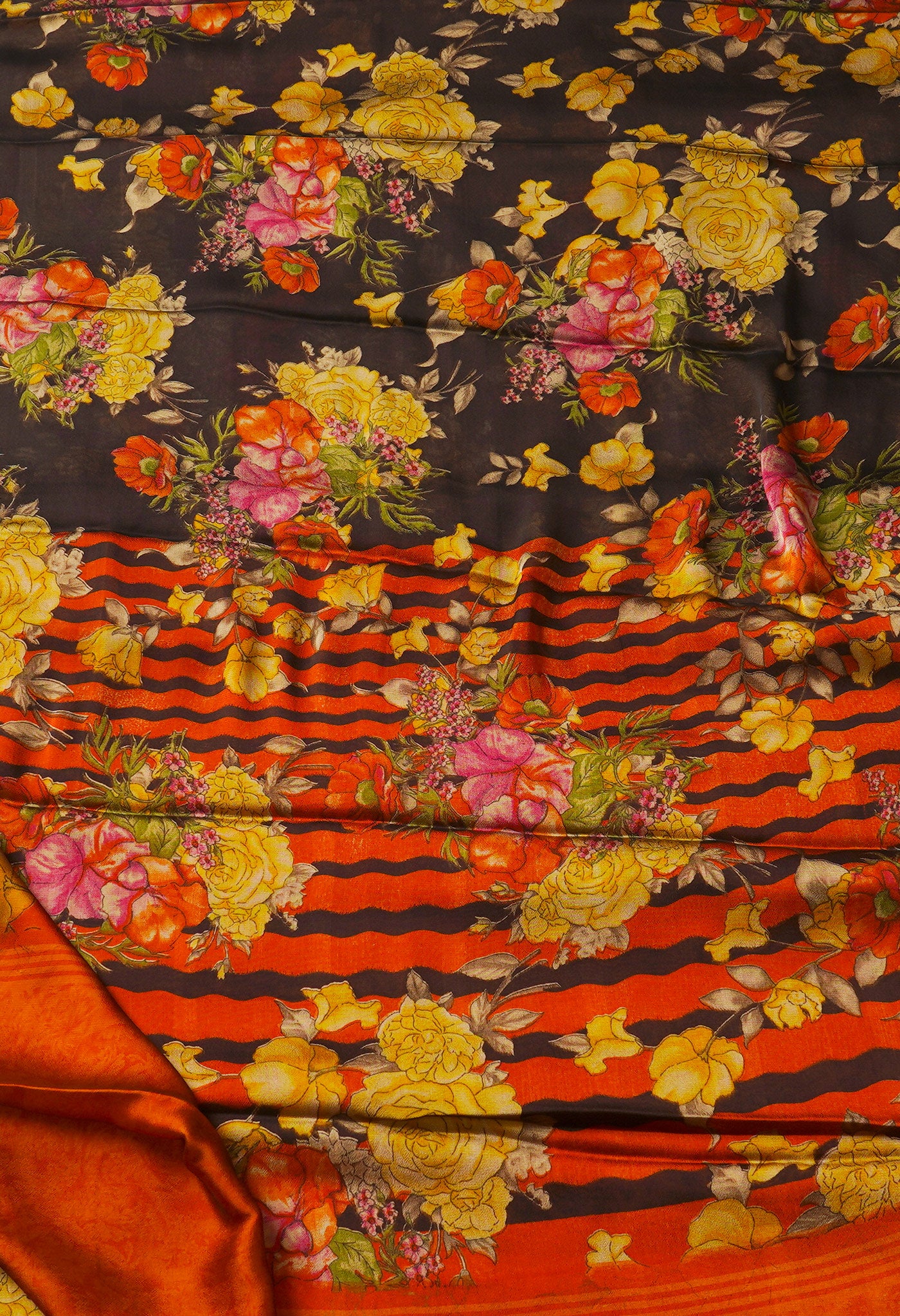 Brown-Orange Fancy Block Printed Crepe Silk Saree-UNM67367