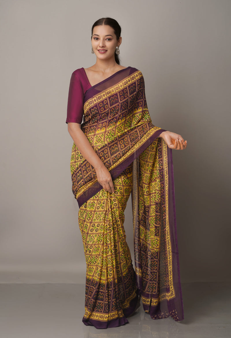 CreamBrown  Fancy Bandhani Printed Georgette Silk Saree-UNM67401