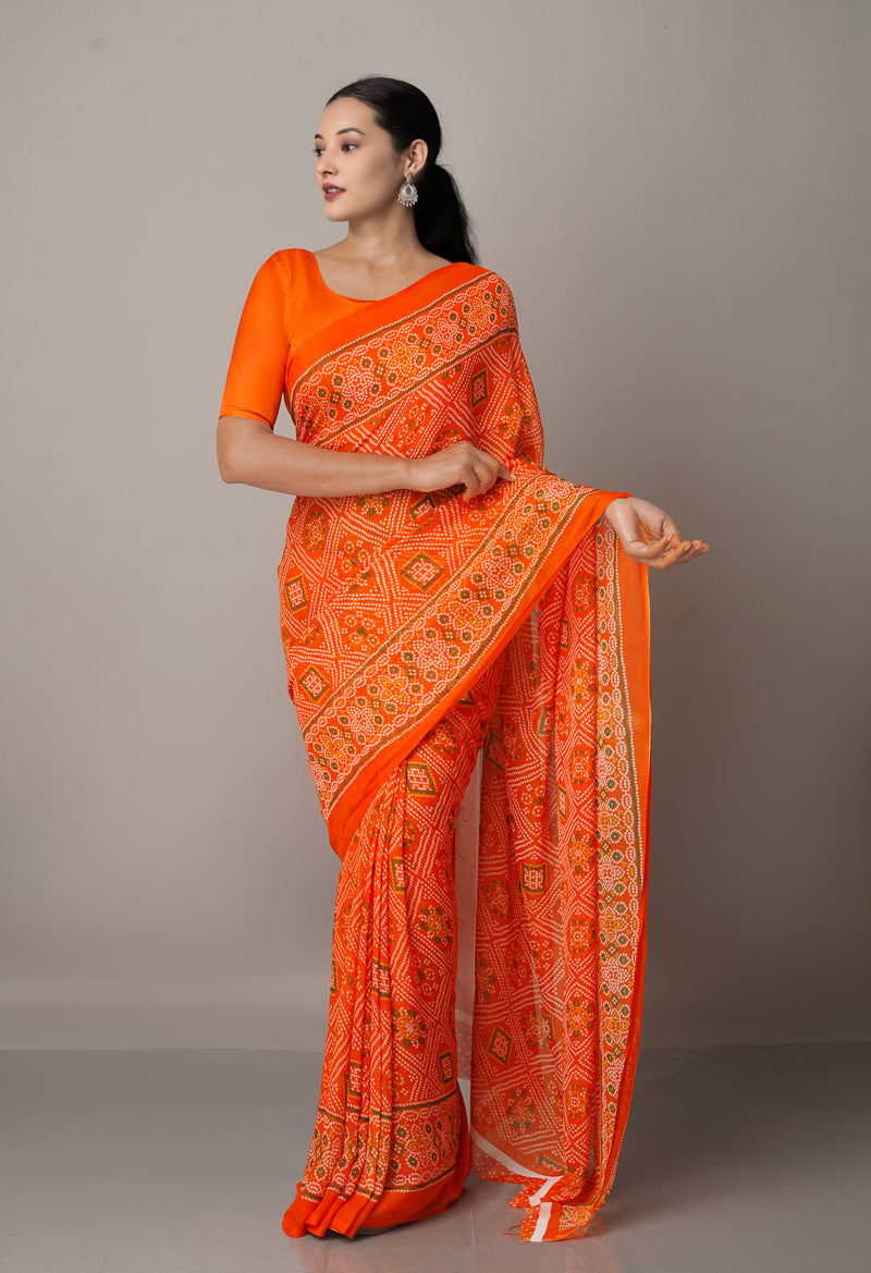 Orange  Fancy Bandhani Printed Georgette Silk Saree-UNM67406